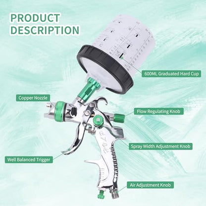 HVLP Spray Gun Kit, 4 Nozzles,10 Disposable Paint Cup System,Green - color: green