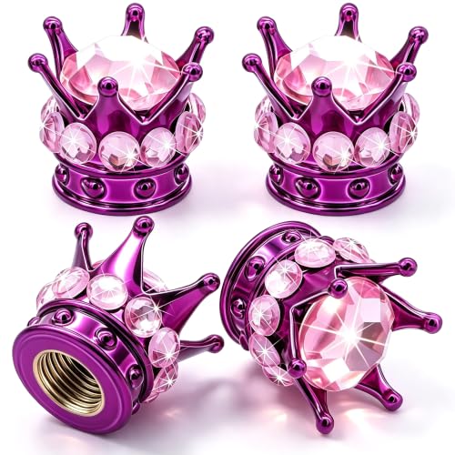 4PCS Crown Bling Tire Stem Valve Caps, Crystal Diamond Car Wheel Tire Valve Caps Universal Copper Core Stem Covers for Cars, SUV, Trucks, Bikes, Motorcycles, Bicycles (Purple & Pink) - color: Purple & Pink