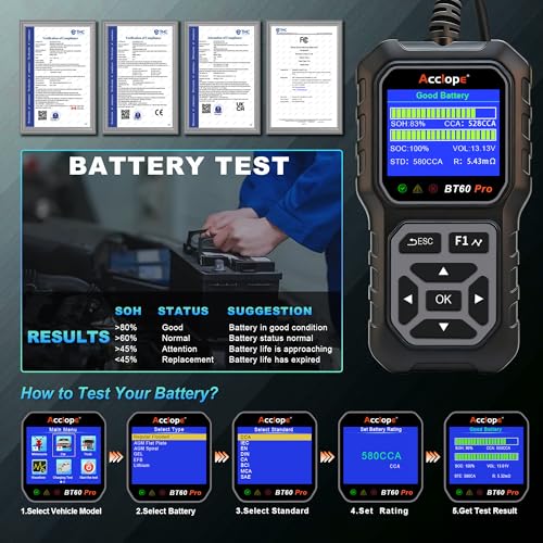 BT60 PRO 2-120AH Battery Tester 6V/12V/24V 100-3000 CCA QR Report - color: Black-Grey
