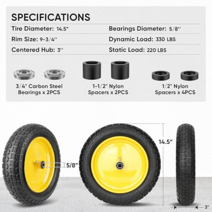 TICONN 4.80/4.00-8 Tire, 14.5" Flat Free Wheelbarrow Tire and Wheel - color: Yellow, size: 14.5" (2 Pack)