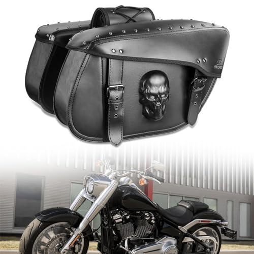 Motorcycle Saddlebags 32L Large Capacity PU Leather Side Saddle Bags Waterproof Hard Saddle Bags Universal for Harley Honda Yamaha Bobber Sixty Kawasaki (3D Skull,Black)
