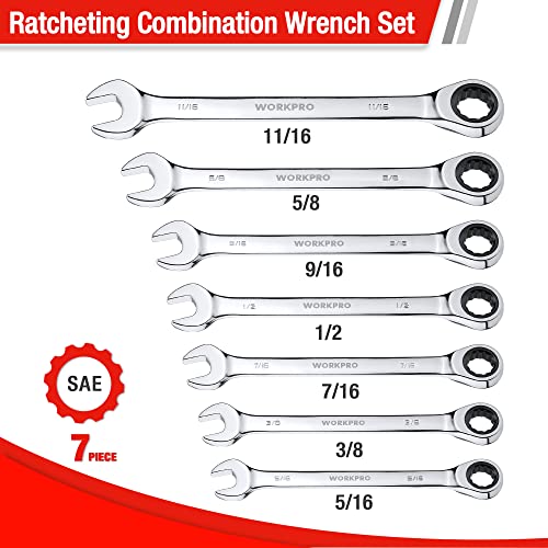 WORKPRO 7-Piece Ratcheting Combination Wrench Set, SAE 5/16"-11/16" - size: SAE