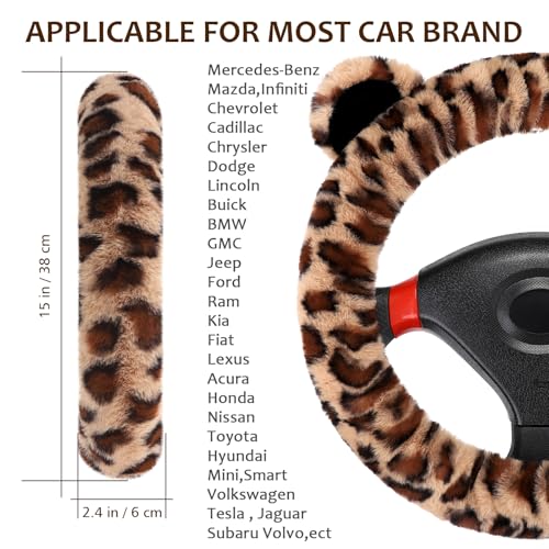 Accmor Fluffy Car Steering Wheel Cover, Leopard Fuzzy Vehicle Wheel Cover for Women Non-Slip Furry Warm Steering Wheel Protector with Cute Ears, Car Accessories 15 inch Universal Fit Auto, Suvs, Truck - color: Light Brown/Dark Brown Leopard & Ears