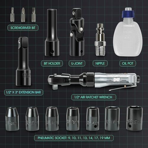 DNA MOTORING 17 PCS 1/2-Inch Air Ratchet Wrench Set 50 FT.-LB / 69 N.M Electric Ratchet Wrench Set for Repairs, Machinery Maintenance Assembly, W/Case, Sliver/Black, TOOLS-00529 - style: 17Pc Air Ratchet Wrench
