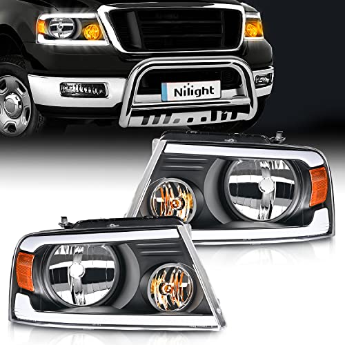 Nilight Headlights Assembly for Ford F150 F-150 2004 2005 2006 2007 2008 - color: Black Housing+ Amber Reflector DRL