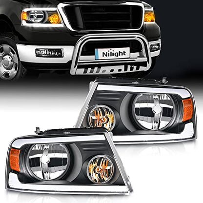 Nilight Headlights Assembly for Ford F150 F-150 2004 2005 2006 2007 2008 - color: Black Housing+ Amber Reflector DRL