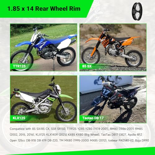 1.85x14 Rear Wheel Rim and 12mm Bearings Strip Kit fit 90/100-14 3.00-14 14 Inch Dirt Pit Bike Tire KLX125 KX85 TTR125 YZ80 RM80 Taotao DB17 SR150 DR90 Apollo 125 Motorcycle Parts (15mm Axle)