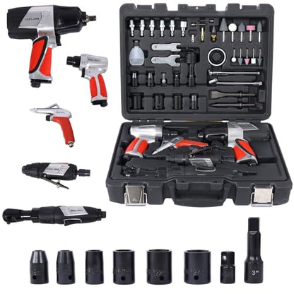 44 Piece Air Tools and Accessories Kit, Pneumatic Tools with Impact Wrench, Air Ratchet, Die Grinder, Aire Hammer, Hose Fittings, Storage Case, Red - size: 44 Piece