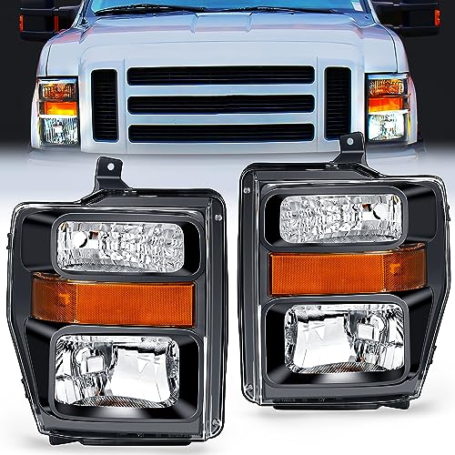 Nilight Headlight Assembly Compatible with 2008 2009 2010 Ford F250 F350 F450 Super Duty Headlamps Replacement Black Housing Amber Reflector Clear Lens Driver and Passenger Side - color: Black Housing + Amber Reflector, size: 2008-2010 F250-F450
