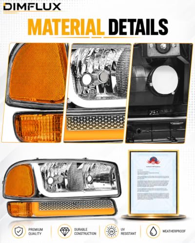 fit1999-2006 GMC Sierra 1500 2500 3500 Headlights w/Dual LED DRL for Yukon XL 1500 2500 NO Denali Trim Models Chrome Housing Amber Reflector - color: Chrome Housing Amber Reflector