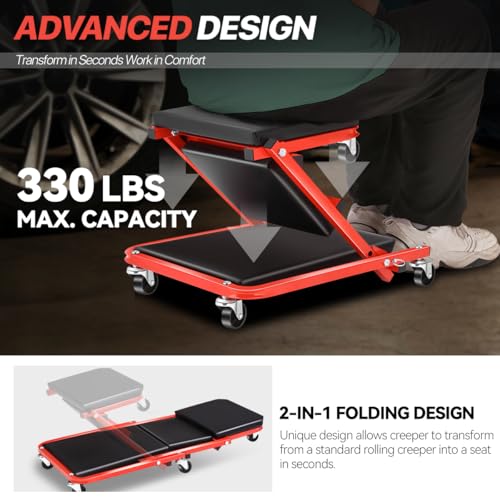 Foldable Rolling 2-in-1 Z Creeper & Seat, 36" Low-Profile Roller Mechanics Under Car Chair, 330 LBS Weight Capacity with 6 Swivel Casters - color: Red Black, size: 36 Inch Length
