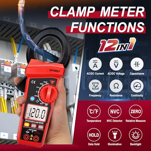 DIYSELF Clamp Meter, Digital Multimeter 6000 Counts, AC/DC Current &Voltage