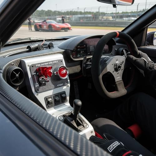 DC12V Racing Car Ignition Switch Panel Carbon Fiber Rocking Switch+Engine Start Push Button with Red Indicator Light (Red) - color: Red