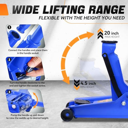 Auto Dynasty 4Ton Low Profile Floor Jack, Heavy Duty w/Dual Pistons, Blue - color: Blue, size: 4T Dual Pump