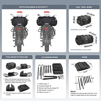 Rhinowalk Motorcycle Tail Bag Expandable Motorcycle Travel Luggage 60L Waterproof All Weather/Trunk/Rack Bag with Sissy Bar Straps-Black - size: Black 40-60L