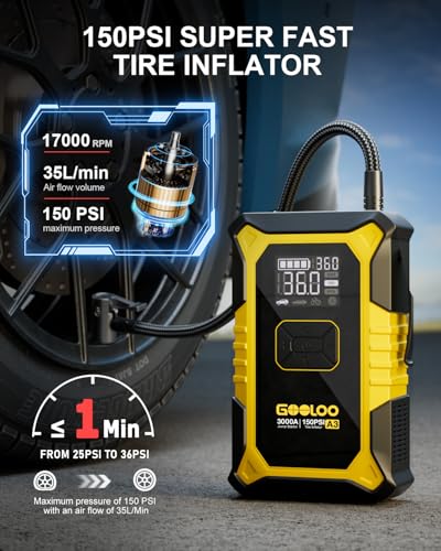 GOOLOO A3 12V 3000A Portable Jump Starter with Air Compressor - color: Yellow