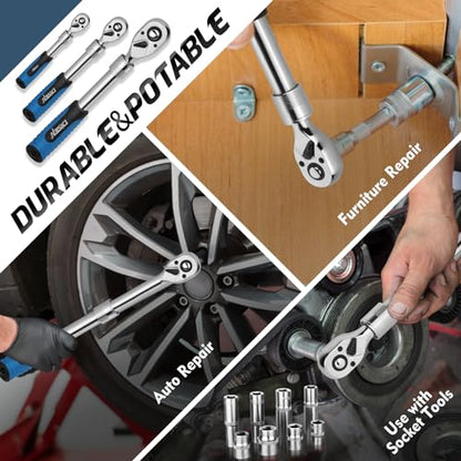 DISEN 3PCS Extendable Ratchet Wrench Set,1/4" 3/8" 1/2" Drive 72-Tooth, Quick-Release, Reversible Drive Socket Wrenches,Soft Grip Handle with Storage Tray - color: Extendable Ratchet Set