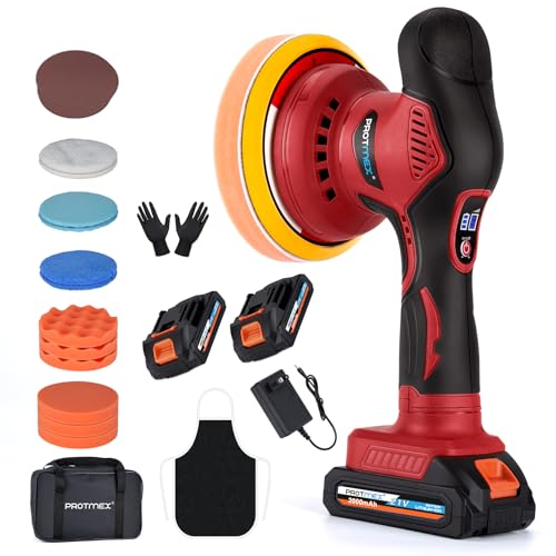Protmex Cordless Car Buffer Polisher w/ 2x2000mAh 21V Batteries, Red - color: Red