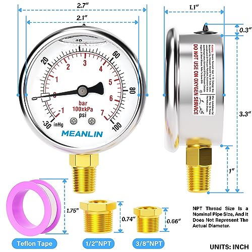 MEANLIN MEASURE -30inHG~100Psi Stainless Steel 1/4" NPT 2.5" FACE DIAL Vacuum Pressure Gauge, Lower Mount, with 1/2" NPT and 3/8" NPT Hex Bushing - size: -30inHG-100Psi