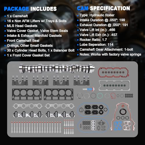 WANGSHENG 5.3 NON AFM DOD Kit with Camshaft, Lifters, Head Gaskets & Bolts for 2007-2013 Chevy Silverado 1500 Tahoe, GMC Sierra Yukon 5.3L V8 Engine - color: NON AFM Kit