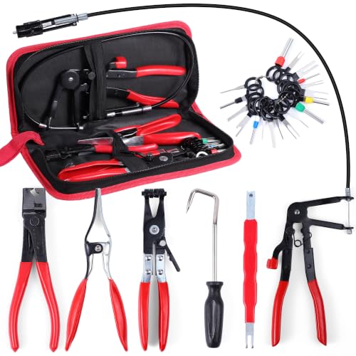 6-Piece Hose Clamp Pliers Set - Automotive Hose Clamp Removal Tool Kit for Coolant, Radiator, Heater & Water Hoses | Flexible Long Reach Flat Band for Car (Red, 6+21PCS Hose Clamp Pliers Set)