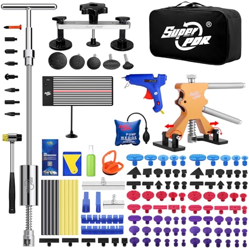 Super PDR Paintless Dent Repair Kit 148PCS Dent Puller Kit with LED Light Board（Batteries Not Included） Can Removal 99% of Car Dents in 30 Minutes for Repair Work of Door Ding, Creases and Hail Damage