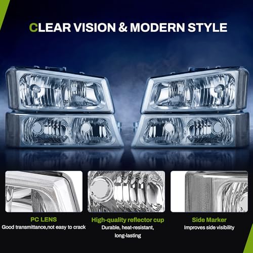AUTOSAVER88 Headlight Assembly Kit Compatible with Chevy Silverado 03-06 - color: Clear Lens Chrome Housing Clear Reflector