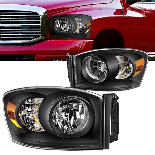 Headlights Assembly Compatible with 2006 2007 2008 Dodge Ram 1500, 06 07 08 09 Dodge Ram 2500 3500 Head Lights Headlamp Pair, Black Housing Amber Corner - color: Black Amber Headlight
