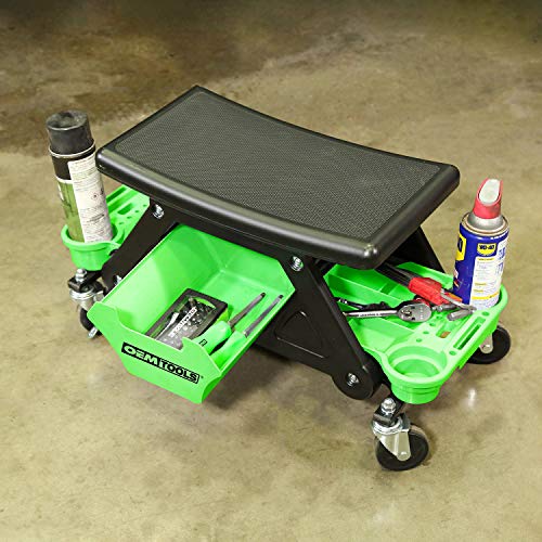 OEMTOOLS 24986 Heavy-Duty Rolling Workbench and Creeper Seat, Mechanics Stool with Wheels, Creepers, Shop Stools with Wheels, Automotive, Green and Black 300 LB Capacity