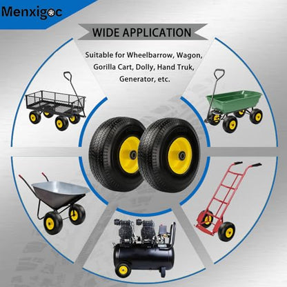 4.10/3.50-4" Tire and Wheel, 10" Solid Tire, 5/8" Bearing with 3/4" & 1/2" Extra Bearings, 4.10/3.50-4 Flat Free Wheels, 2.2" Offset Hub for Hand Truck Garden Wagon Cart Trolley Dolly - 2Pack - color: yellow