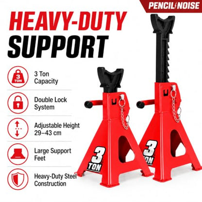 Car Jack Stands 3 Ton Capacity, Adjustable Height and Double Locking, Extra Reinforced Car Lifting Stand, Red, 2 Pack - color: Red