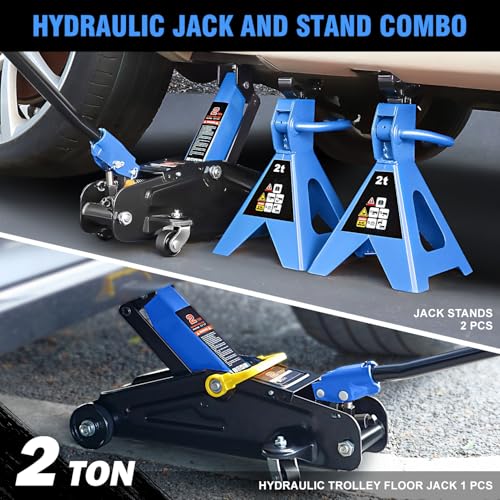 PM PERFORMOTOR Low Profile Hydraulic Trolley Service/Floor Jack Combo with 2 Ratchet Jack Stands, 2 Ton (4000 lbs) Capacity, Blue, PM-TOL-FJ3P-BL - color: Blue