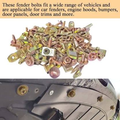 100PCS M6-1.0 Body Bolts & U Nuts Kits for Engine Cover Bumper Fender Liner, Metal Rust-Resistant Automotive Body Screws Clips (50 Sets), Gold - color: Gold