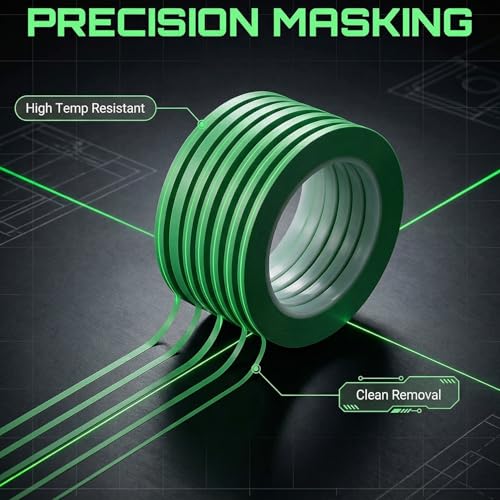 JINBING High-Temp Vinyl Fine Line Fineline Masking Tape Automotive Paint for Curves Green (1/2 inch x1) - size: 1/2 inch x 1 roll