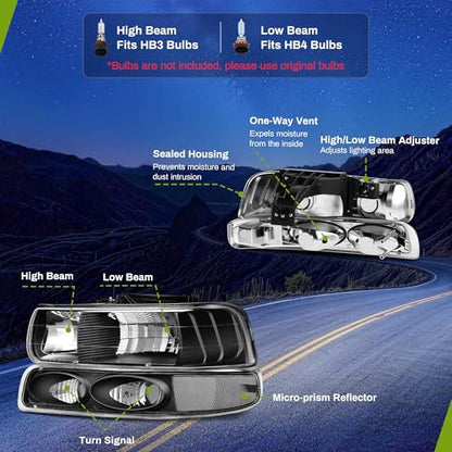 AUTOSAVER88 Headlights Compatible with 1999-2002 Chevy Silverado - color: Black Clear