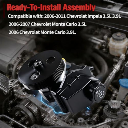 Power Steering Pump with Pulley Compatible with 2006-2011 Chevy Impala 3.5L 3.9L, 2006-2007 Monte Carlo, Replaces OE 15267585 88964571 20-69989 - size: 2006-2011 Chevrolet Impala 3.5L 3.9L