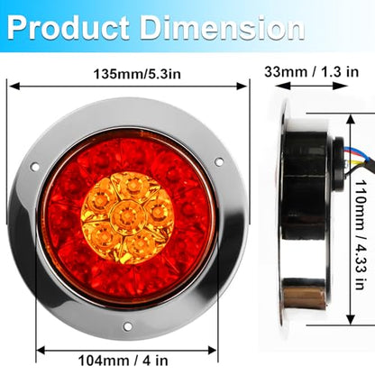 LIGBT 2PCS 4 Inch Red Amber Round LED Trailer Tail Lights Turn Signal Lights 16LEDs IP67 Waterproof Turn Stop Brake Turn Signal Running Tail Light for Boat Trailer Truck RV - color: Red&Amber 2pcs