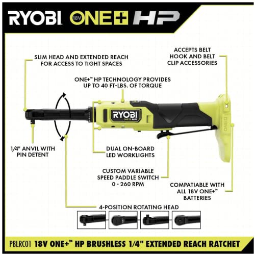 RYOBI ONEAND HP 18V BRUSHLESS Cordless 1/4 in. Extended Reach Ratchet Tool ONLY PBLRC01B