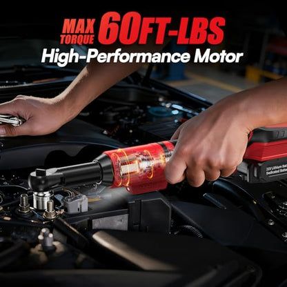 3/8 Cordless Ratchet Wrench Set, 60FT-LBS Extended Electric Ratchet with 400RPM Variable Speed, 21v Power Ratchet with 2x2.0Ah Battery, 7 Sockets, 1/4 Adaptor, 3"Extension Bar