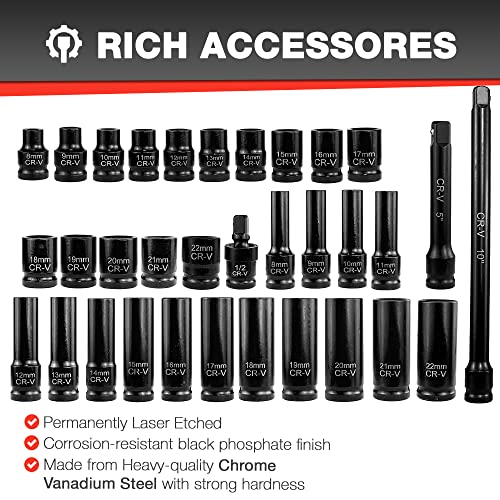 EACELIY 33pcs 1/2" Impact Socket Set (8-22mm), Metric Socket Set, Cr-V Steel, 6 Point Deep & Shallow Sockets, with 5" 10" Extension Bars and 1/2" Universal Joint - size: 1/2" Deep/Shallow Sockets (8-22mm)