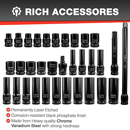 EACELIY 33pcs 1/2" Impact Socket Set (8-22mm), Metric Socket Set, Cr-V Steel, 6 Point Deep & Shallow Sockets, with 5" 10" Extension Bars and 1/2" Universal Joint - size: 1/2" Deep/Shallow Sockets (8-22mm)