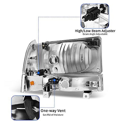 DWVO Headlights Assembly Compatible with 1999-2004 Ford F-250 F-350 F-450 F-550 Super Duty/2000-2004 Ford Excursion Pickup Truck Signal Lamps Chrome Housing Clear Lens Amber Reflector - color: Chrome+Clear Lens, style: Fit 99-04 F250