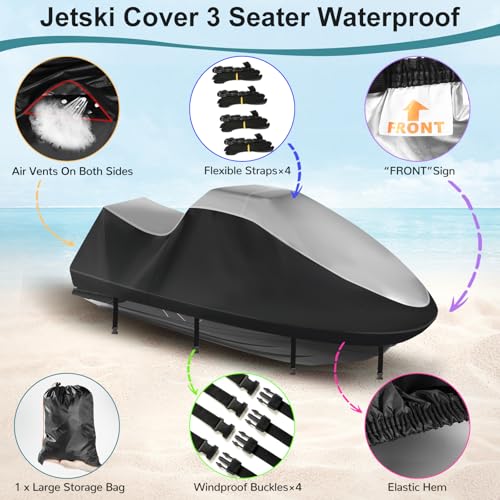 Jet Ski Cover 420D Waterproof for Yamaha Sea-Doo, 121"-135" 3 Seater PWC - color: Silver-420-D, size: 2XL-121"-135"