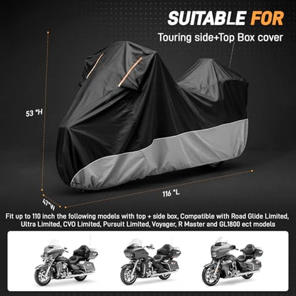 Waterproof Motorcycle Cover 420D Heavy Duty with Side Top Box Compatible with Harley Davidson Touring,Touring Ultra Limited Road King Street Glide Road Glide Electra Glide(116" x 47" x 53") - color: Gray