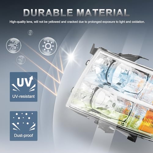 KUIPERAUTO Headlight Assembly Front Lamp Compatible with 2007-2013 Chevy Chevrolet Silverado 1500 2500HD 3500HD Chrome Housing/Clear Lens/Amber Corner with Bulb - color: Chrome/Clear/Amber