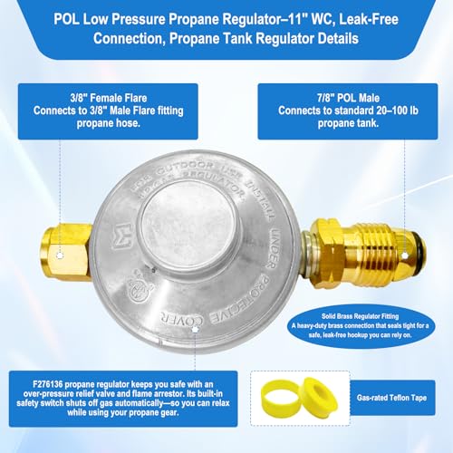 F276136 Propane Regulator–Low Pressure Propane Tank Regulator with POL & 3/8" Female Pipe Thread, Leak-Free Connection for BBQ Grills,Fire Pits,Heaters,RVs,Campers or Low Pressure Equipment. - size: F276136 Propane Regulator