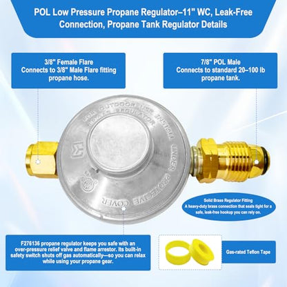 F276136 Propane Regulator–Low Pressure Propane Tank Regulator with POL & 3/8" Female Pipe Thread, Leak-Free Connection for BBQ Grills,Fire Pits,Heaters,RVs,Campers or Low Pressure Equipment. - size: F276136 Propane Regulator