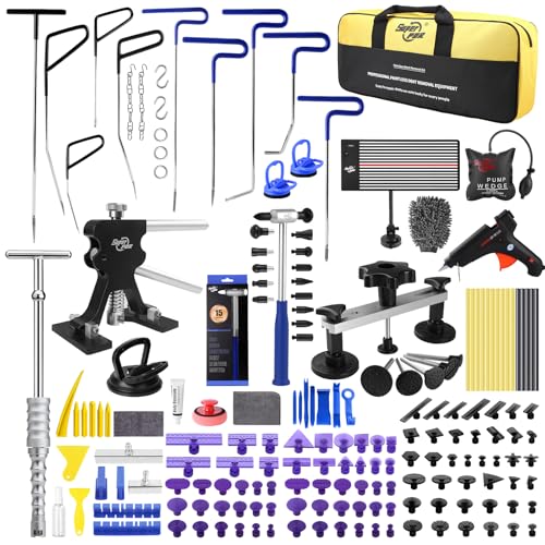 Super PDR 198PCS Paintless Dent Removal Kit, High Strength Steel Dent Removal Rods, Whale Tail Dent Repair Rods with Best Dent Repair Kit & LED Professional Inspection Light Board for car Dent Removal