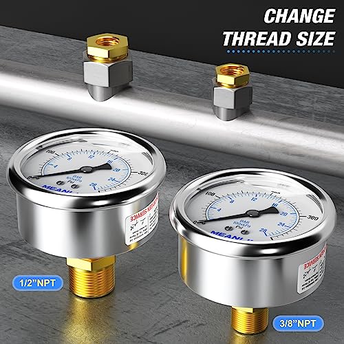 MEANLIN MEASURE 0~400Psi Stainless Steel 1/4" NPT 2.5" FACE DIAL Liquid Filled Pressure Gauge WOG Water Oil Air Center Back Mount, with 1/2" NPT and 3/8" NPT Hex Bushing - size: 0-400Psi