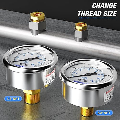 MEANLIN MEASURE 0~400Psi Stainless Steel 1/4" NPT 2.5" FACE DIAL Liquid Filled Pressure Gauge WOG Water Oil Air Center Back Mount, with 1/2" NPT and 3/8" NPT Hex Bushing - size: 0-400Psi